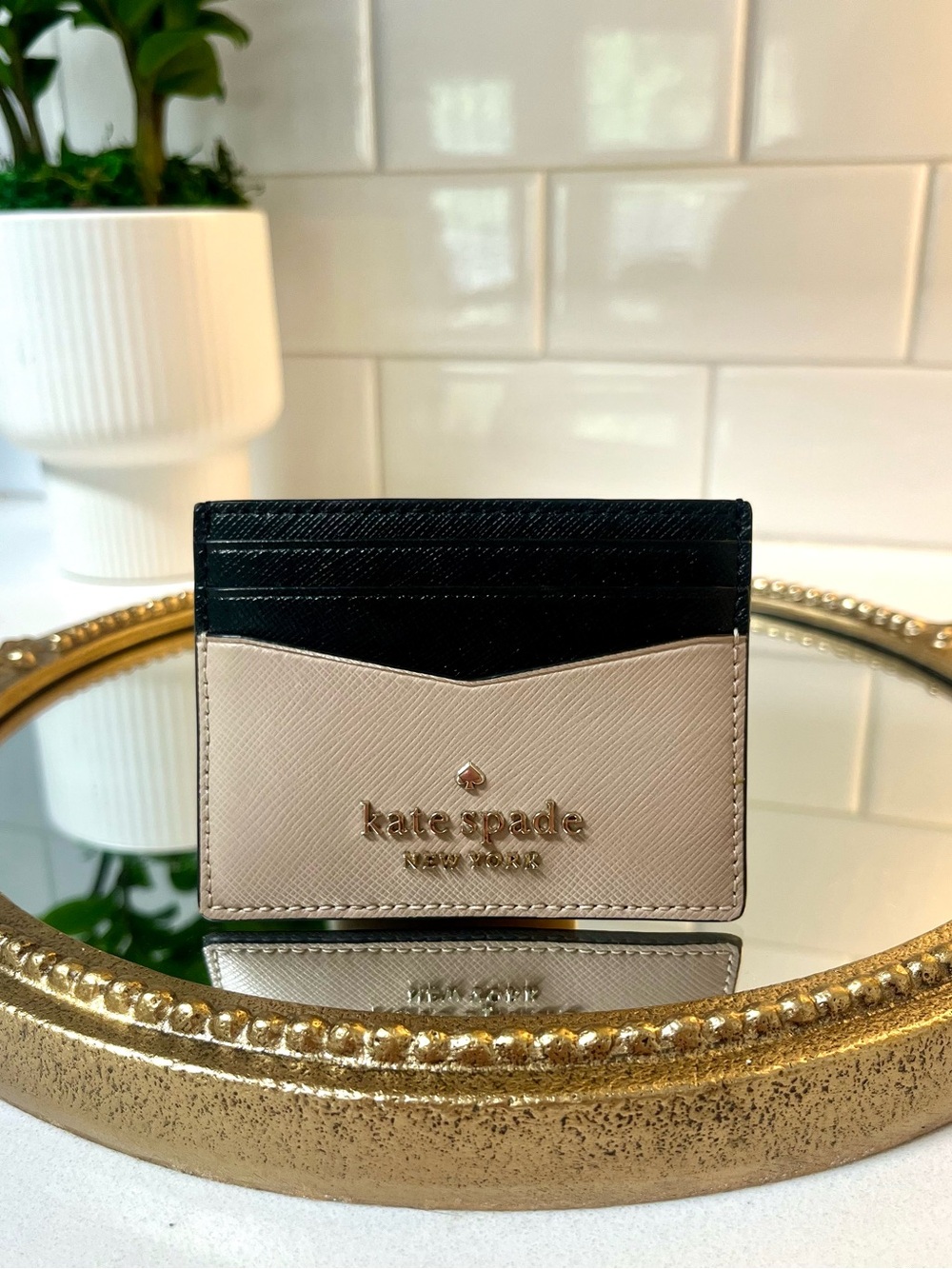 kate spade Black and Beige Neutral Leather Card Holder Gold Logo